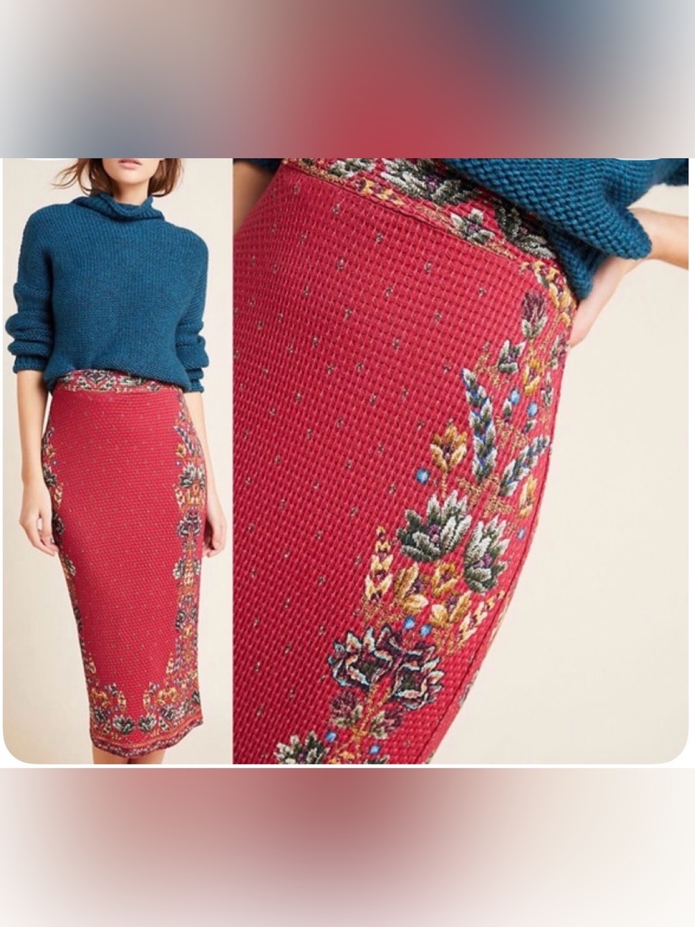 Farm Rio Anthropologie Red Floral-Trim textured midi Pencil Skirt size medium